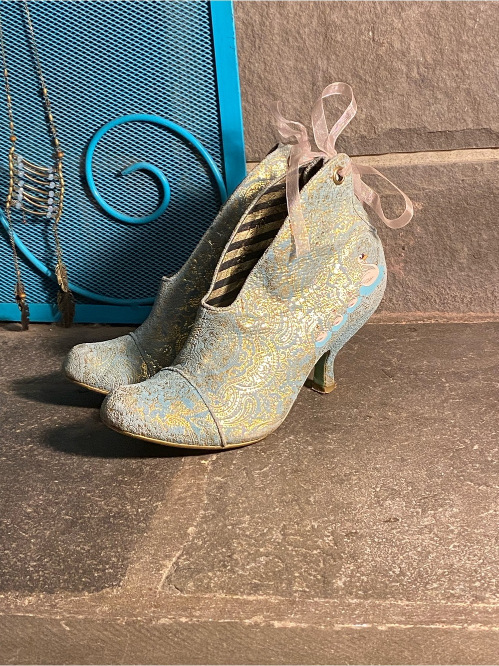 Irregular Choice Swan Lake ankle bootie,turquoise suede/gold,Mom w/baby swans 8